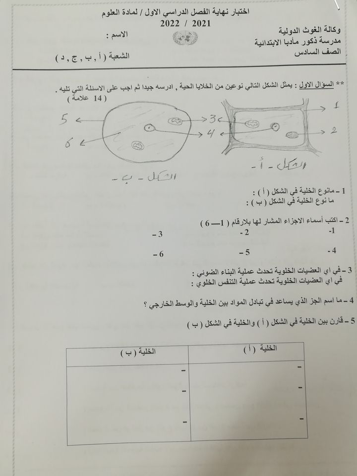 صور اختبار نهائي لمادة العلوم للصف السادس الفصل الاول 2021 نموذج وكالة